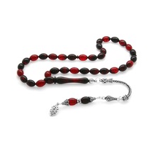 925 Ayar Gümüş Püsküllü Arpa Kesim Kırmızı-Siyah Ateş Kehribar Te