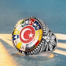 925 Ayar Gümüş 17 Türk Devleti Bayrağı Tasarım Erkek Yüzük Gümüş
