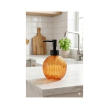 Çizgili Yuvarlak Siyah Pompalı Cam Sıvı Sabunluk - 500ml - 16x10x10 Cm Turuncu