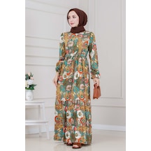 Beli Tünelli Çiçekli Viscon Elbise-kahverengi-5316 Kahverengi