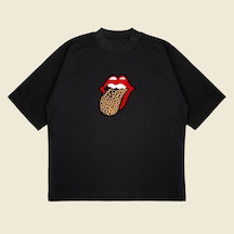 Tarzsokak Leopar Rolling Stones Baskılı Oversize Unisex Pamuklu Nefes Alan Kalın Kumaşlı Siyah
