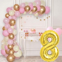 8 Yaş Krom Gold Pastel Pembe Ve Beyaz Balon Seti Gold Rakamlı Doğum Günü Balonu Şık Parti Süsleme Çok Renkli