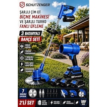 Schutzenger 846RN 3 Batarya Şarjlı Çim Biçme Tırpan Makinesi 7 Başlık Ve Şajlı Turbo Fanlı Üfleme Makinesi Mavi Set