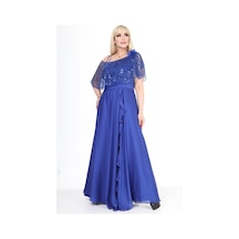 Ladies First Büyük Beden 3858 Saks Uzun Abiye Elbise 001