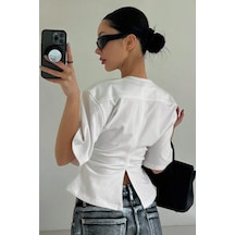 Kadın Beyaz Kısa Kollu Sırt Dekolteli Slim Fit Bluz/t-shirt Beyaz