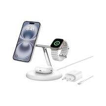 3'ü 1 Arada Manyetik Magsafe Uyumlu Qi2 15w Kablosuz Şarj Standı, 16, 15, 14 Ve 13 Serisi, Airpods, Vb. İçin Hızlı Şarj Özellikli Şarj Cihazı Psu Dahil - Beyaz
