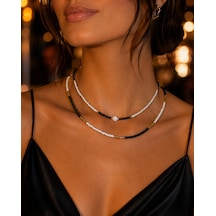 Noir Denge Siyah Beyaz Çift Sıra Boncuklu Kadın Kolye Altın Renk Ara Detaylı Katmanlı Choker Kolye Renkli