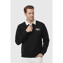 Rizzup Erkek Siyah Relax Fit İçi Polarlı Polo Yaka Sweatshirt Pamuklu Kalın Sweatshirt 2600762