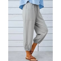 Kadın Beli Lastikli Bağcıklı Düğme Detaylı Pantolon Gri
