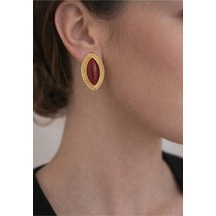 Lunarie Vintage Burgu Çerçeve Küpe Renkli Taşlı Madalyon Çelik Bordo