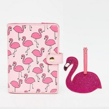 1 Takım Parlak Pembe Kırmızı Flamingo Kuş Pasaport Tutucu Depolama Bayan Belgeleri Klasör Çantası Mini Cüzdan