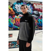 Benerly Erkek Dik Yaka Standart Kol Renk Bloklu Peluş Sweatshirt Fonksiyo siyah