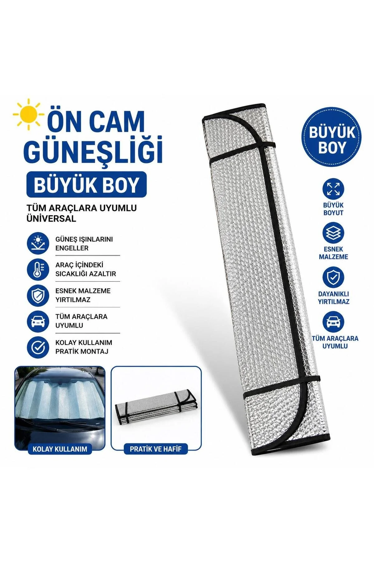 Ön Cam Güneşliği Üniversal Yüksek Kalite Esnek Yırtılmaz Kolay Kullanım Pratik Montaj Güneş Işınlarından Korur Gümüş Renk