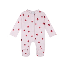 Antebies Organik Pembe Çilek Desenli Çıtçıtlı Uzun Kollu Kız Bebek Patikli Tulum