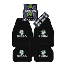 Skoda Araçlar İçin 5 Parça Oto Halı Paspas Dijital Baskılı Siyah Seyahat Boyun Yastık & Emniyet Kemer Kılıfı