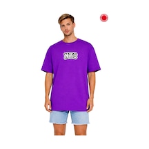 Unisex Oversize Mor Tişört Nyc Baskılı %100 Pamuk Streetwear Salaş T-shirt Kadın Erkek Mor
