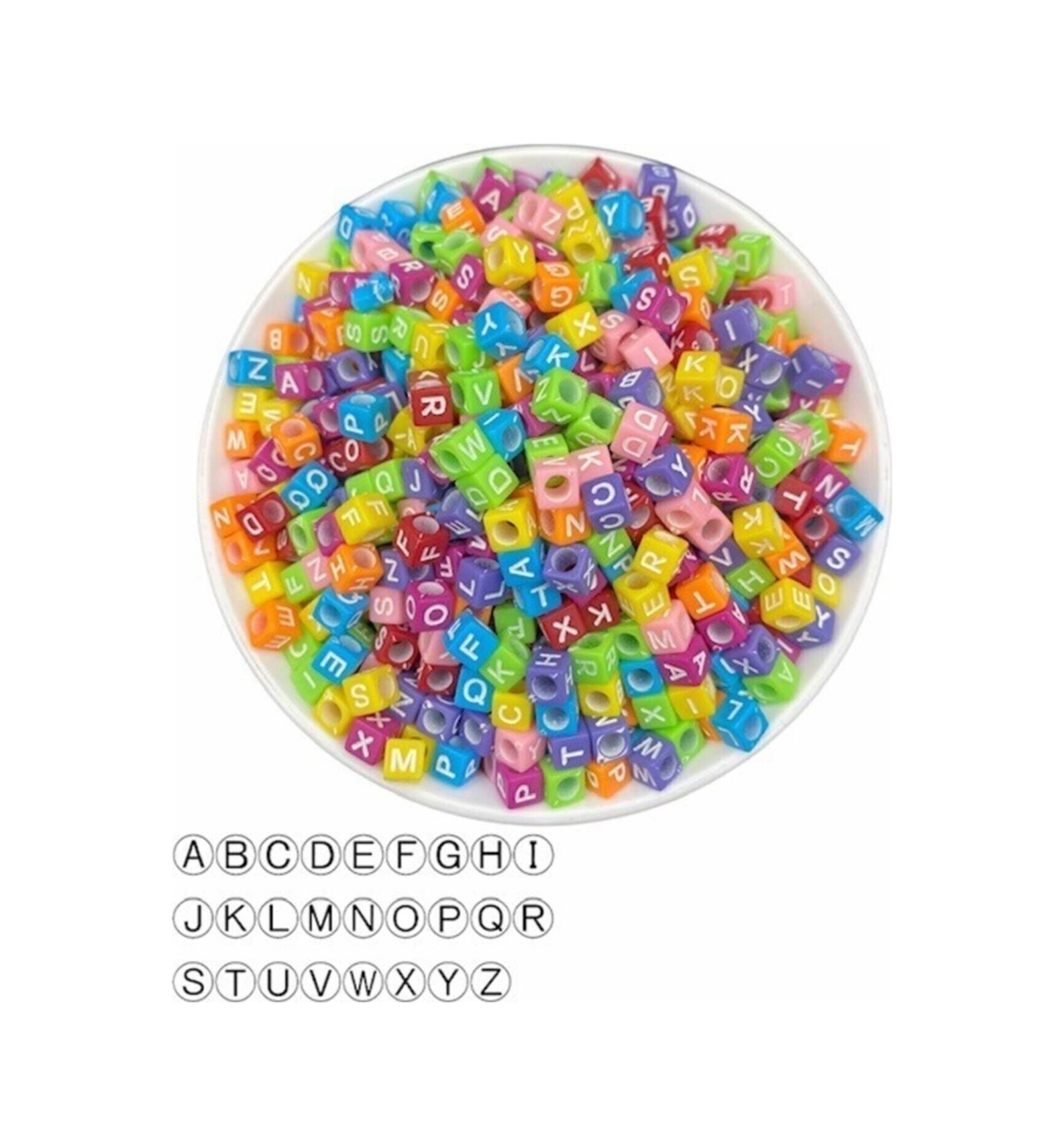 50gr Harf Boncuk, 6mm Renkli Zemin Üzeri Beyaz Yazılı Küp Harf Boncuk 50gr, 365 Adet