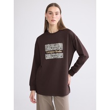 Lcw Everyday Kahverengi Baskılı Oversize Kadın Sweatshirt Tunik