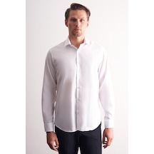 İmza Beyaz Yarım İtalyan Yaka Kendinden Desenli Uzun Kol Premium Slim Fit %100 Pamuk Gömlek 1004255192 Beyaz
