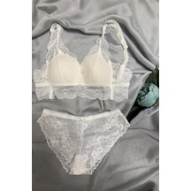 Kadın Üçgen Dantel Bralet Desteksiz Sütyen Takım Ekru