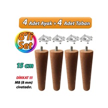 Ahşap Ayak 15 Cm 8'li Set Koyu Meşe M8 Civatalı Bağlantı Aparatlı Dolap Mobilya Koltuk Kanepe Destek Ayağı Ayakları Koyu Meşe
