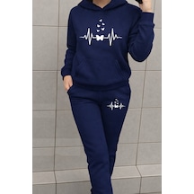 Heart Rhytym Love Baskılı Kapüşonlu Sweatshirt Ve Eşofman Altı Eşofman Takımı Lacivert