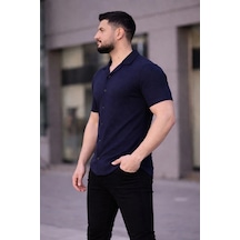 Assema Erkek Waffle Kumaş Kısa Kollu Düğmeli Açık Yaka Regular Fit Gömlek - Lacivert Çok Renkli