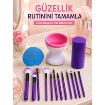 Zenvia Kadın 3 Lü Kişisel Bakım Ve Makyaj Seti 12 Li Makyaj Fırçaları Fırça Temizleyici Ve Silikon Yüz Tem