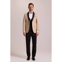 Ysf Erkek Bej Slim Fit Şal Yaka Yelekli Damatlık