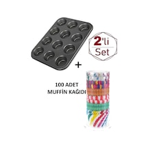 12'li Yanmaz Yapışmaz Muffin & Cupcake Kalıbı Teflon Gri Diğer