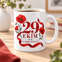 Bezos 29 Ekim Cumhuriyet Gelincik Çiçekli Porselen Kupa - Kırmızı Beyaz Tasarım - Model 260 Bzstk Kırmızı - Beyaz