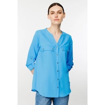 Ekol Kadın Sıfır Yaka Düğmeli Uzun Kollu Bluz 1034 Mavi