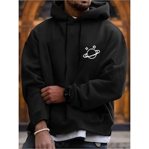 Altamira Unisex Siyah Gezegen Baskılı Kapşonlu Oversize Sweatshirt 001