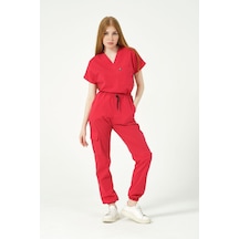 Nar Çiçeği Likralı Scrubs Kargo Cep Jogger Paça Doktor Hemşire Forması Yarasa Kol Takım Unisex