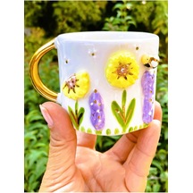 Premium Kalite 24 Ayar Altın Detaylı El Yapımı Papatya Kabartmalı Mug 200 Ml Flower Daisy
