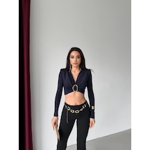 Elaxi Kadın Dalgıç Kumaş Tokalı Vatkalı Crop Bluz Lacivert