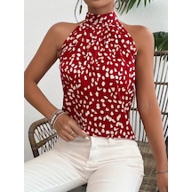 Veraura Lifestyle Kadın Omuzlardan Balıkçı Yaka Arkadan Bağlamalı Desenli Süprem Bluz Kırmızı