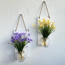 Led Işıklı, Sarı Ve Lila Nergis Çiçekli Duvar Dekoru Beyaz İkili Set Beyaz