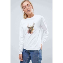 Watercolor Deer Baskılı Beyaz Kadın Sweatshirt (534805976)