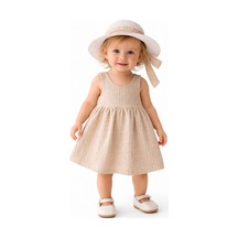 Chicsy Baby Tatlı Kız Bebek Tarz Elbise Şapkalı Fiyonk Detaylı Yazlık 2 Li Kombin Bej