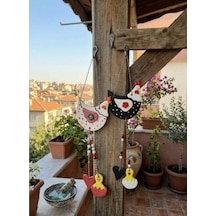 El Yapımı Taş Tozu 2li Tavuk Figürlü - Renkli Balkon Ve Bahçe Asma Süsü - Dekoratif Duvar Süsü