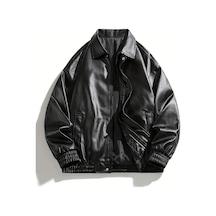 Meecy Kadın Oversize Unisex Bomber Deri Ceket Mont Black Black
