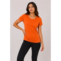 Kadın Basic Tişört Bisiklet Yaka Kısa Kol Günlük Yazlık Slim Fit T-shirt - Turuncu