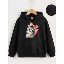 Çocuk Unisex Kapüşonlu Tatlı Kedi Baskılı Sweatshirt - Siyah