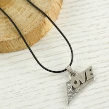Love - 777 - Yazılı Metal Vinlex Deri Kolye - Muratech - Gümüş Rengi