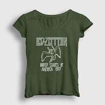 Presmono Kadın Logo Led Zeppelin T-shirt Haki
