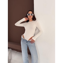 Elaxi Kadın Bisiklet Yaka Uzun Kollu Parmak Geçme Detaylı Altı Çıtçıtlı Full Likralı Buzzy Body Beyaz