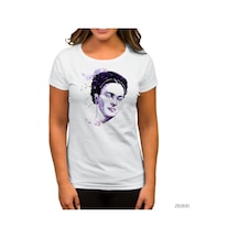 Frida Kahlo Portre 3 Beyaz Kadın Tişört Beyaz
