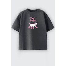 Monila Kız Çocuk Köpek Baskılı Pamuklu T-shirt Antrasit
