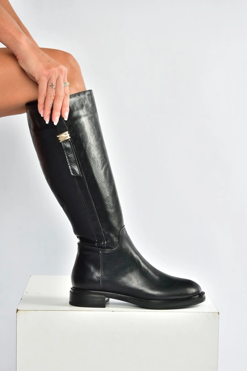 Fox Shoes V973000807 Siyah Yılan Baskı Klasik Kadın Çizme Siyah-yılan Baskı